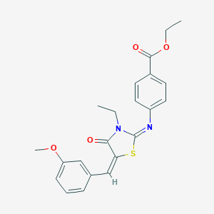 molecular formula C22H22N2O4S B301769 Ethyl 4-{[3-ethyl-5-(3-methoxybenzylidene)-4-oxo-1,3-thiazolidin-2-ylidene]amino}benzoate 