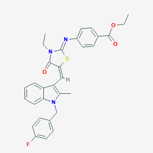 molecular formula C31H28FN3O3S B301770 ethyl 4-[(3-ethyl-5-{[1-(4-fluorobenzyl)-2-methyl-1H-indol-3-yl]methylene}-4-oxo-1,3-thiazolidin-2-ylidene)amino]benzoate 