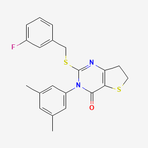 molecular formula C21H19FN2OS2 B3017738 3-(3,5-Dimethylphenyl)-2-[(3-fluorophenyl)methylsulfanyl]-6,7-dihydrothieno[3,2-d]pyrimidin-4-one CAS No. 877653-97-9