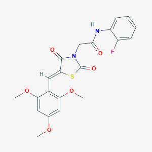 molecular formula C21H19FN2O6S B301778 2-[2,4-dioxo-5-(2,4,6-trimethoxybenzylidene)-1,3-thiazolidin-3-yl]-N-(2-fluorophenyl)acetamide 