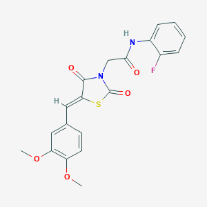 molecular formula C20H17FN2O5S B301779 2-[5-(3,4-dimethoxybenzylidene)-2,4-dioxo-1,3-thiazolidin-3-yl]-N-(2-fluorophenyl)acetamide 
