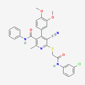 molecular formula C30H25ClN4O4S B3017940 6-((2-((3-chlorophenyl)amino)-2-oxoethyl)thio)-5-cyano-4-(3,4-dimethoxyphenyl)-2-methyl-N-phenylnicotinamide CAS No. 370854-86-7