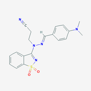 molecular formula C19H19N5O2S B301797 3-[(2E)-2-[4-(dimethylamino)benzylidene]-1-(1,1-dioxido-1,2-benzothiazol-3-yl)hydrazinyl]propanenitrile 