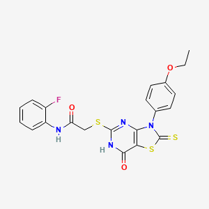 molecular formula C21H17FN4O3S3 B3018026 2-((3-(4-ethoxyphenyl)-7-oxo-2-thioxo-2,3,6,7-tetrahydrothiazolo[4,5-d]pyrimidin-5-yl)thio)-N-(2-fluorophenyl)acetamide CAS No. 1114633-22-5