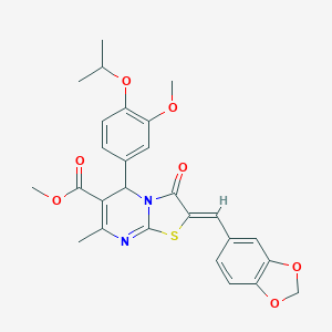 molecular formula C27H26N2O7S B301806 methyl 2-(1,3-benzodioxol-5-ylmethylene)-5-(4-isopropoxy-3-methoxyphenyl)-7-methyl-3-oxo-2,3-dihydro-5H-[1,3]thiazolo[3,2-a]pyrimidine-6-carboxylate 