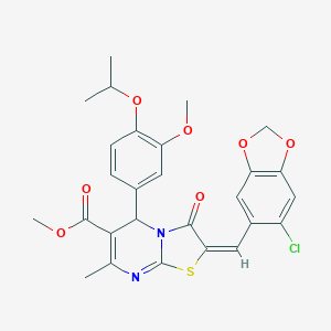 molecular formula C27H25ClN2O7S B301807 methyl 2-[(6-chloro-1,3-benzodioxol-5-yl)methylene]-5-(4-isopropoxy-3-methoxyphenyl)-7-methyl-3-oxo-2,3-dihydro-5H-[1,3]thiazolo[3,2-a]pyrimidine-6-carboxylate 
