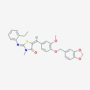 molecular formula C28H26N2O5S B301810 (2E,5E)-5-[4-(1,3-benzodioxol-5-ylmethoxy)-3-methoxybenzylidene]-2-[(2-ethylphenyl)imino]-3-methyl-1,3-thiazolidin-4-one 