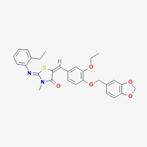 molecular formula C29H28N2O5S B301811 (2E,5E)-5-[4-(1,3-benzodioxol-5-ylmethoxy)-3-ethoxybenzylidene]-2-[(2-ethylphenyl)imino]-3-methyl-1,3-thiazolidin-4-one 