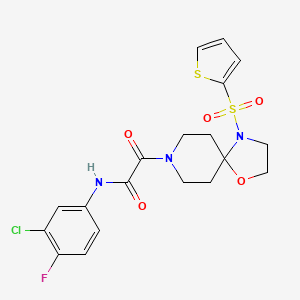 molecular formula C19H19ClFN3O5S2 B3018126 N-(3-氯-4-氟苯基)-2-氧代-2-(4-(噻吩-2-基磺酰基)-1-氧杂-4,8-二氮杂螺[4.5]癸-8-基)乙酰胺 CAS No. 898425-44-0