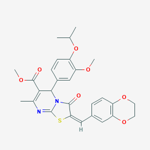 molecular formula C28H28N2O7S B301814 methyl 2-(2,3-dihydro-1,4-benzodioxin-6-ylmethylene)-5-(4-isopropoxy-3-methoxyphenyl)-7-methyl-3-oxo-2,3-dihydro-5H-[1,3]thiazolo[3,2-a]pyrimidine-6-carboxylate 