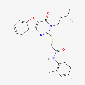 molecular formula C24H24FN3O3S B3018150 N-(4-fluoro-2-methylphenyl)-2-{[3-(3-methylbutyl)-4-oxo-3,4-dihydro[1]benzofuro[3,2-d]pyrimidin-2-yl]sulfanyl}acetamide CAS No. 899961-25-2