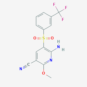 molecular formula C14H10F3N3O3S B3018247 6-Amino-2-methoxy-5-{[3-(trifluoromethyl)phenyl]sulfonyl}nicotinonitrile CAS No. 338774-45-1