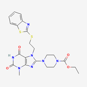 molecular formula C22H25N7O4S2 B3018255 Ethyl 4-[7-[2-(1,3-benzothiazol-2-ylsulfanyl)ethyl]-3-methyl-2,6-dioxopurin-8-yl]piperazine-1-carboxylate CAS No. 672919-20-9