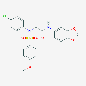 molecular formula C22H19ClN2O6S B301828 N-(1,3-benzodioxol-5-yl)-2-{4-chloro[(4-methoxyphenyl)sulfonyl]anilino}acetamide 