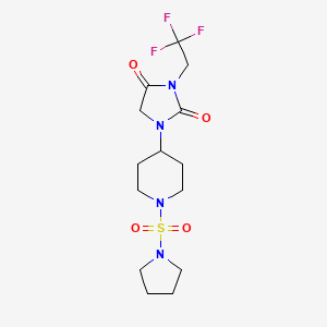 molecular formula C14H21F3N4O4S B3018357 1-[1-(Pyrrolidine-1-sulfonyl)piperidin-4-yl]-3-(2,2,2-trifluoroethyl)imidazolidine-2,4-dione CAS No. 2097867-98-4