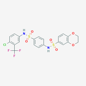 molecular formula C21H16ClF3N2O6S2 B301845 N-(4-{[4-chloro-3-(trifluoromethyl)anilino]sulfonyl}phenyl)-2,3-dihydro-1,4-benzodioxine-6-sulfonamide 