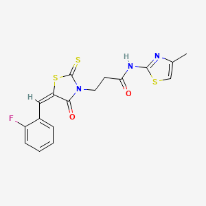 molecular formula C17H14FN3O2S3 B3018467 3-[(5E)-5-[(2-fluorophenyl)methylidene]-4-oxo-2-sulfanylidene-1,3-thiazolidin-3-yl]-N-(4-methyl-1,3-thiazol-2-yl)propanamide CAS No. 477488-45-2