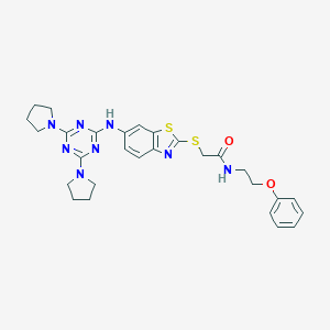 molecular formula C28H32N8O2S2 B301854 2-(6-(4,6-di(pyrrolidin-1-yl)-1,3,5-triazin-2-ylamino)benzo[d]thiazol-2-ylthio)-N-(2-phenoxyethyl)acetamide 