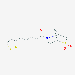 molecular formula C13H21NO3S3 B3018600 1-(2,2-Dioxido-2-thia-5-azabicyclo[2.2.1]heptan-5-yl)-5-(1,2-dithiolan-3-yl)pentan-1-one CAS No. 2034610-24-5