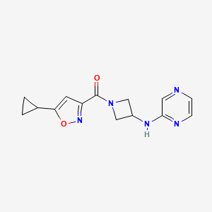 molecular formula C14H15N5O2 B3018602 (5-Cyclopropylisoxazol-3-yl)(3-(pyrazin-2-ylamino)azetidin-1-yl)methanone CAS No. 2309537-52-6