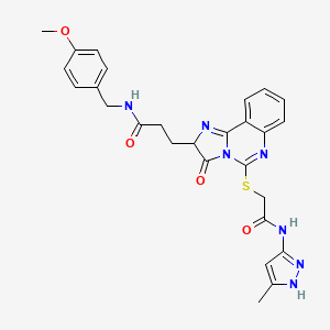 molecular formula C27H27N7O4S B3018650 N-[(4-methoxyphenyl)methyl]-3-[5-({[(3-methyl-1H-pyrazol-5-yl)carbamoyl]methyl}sulfanyl)-3-oxo-2H,3H-imidazo[1,2-c]quinazolin-2-yl]propanamide CAS No. 1039041-38-7