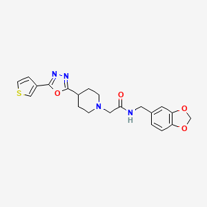 molecular formula C21H22N4O4S B3018708 N-(苯并[d][1,3]二氧杂环-5-基甲基)-2-(4-(5-(噻吩-3-基)-1,3,4-恶二唑-2-基)哌啶-1-基)乙酰胺 CAS No. 1448028-16-7