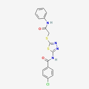 molecular formula C17H13ClN4O2S2 B3018738 N-[5-(2-anilino-2-oxoethyl)sulfanyl-1,3,4-thiadiazol-2-yl]-4-chlorobenzamide CAS No. 392290-82-3