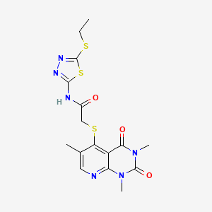 molecular formula C16H18N6O3S3 B3018798 N-(5-(乙硫基)-1,3,4-噻二唑-2-基)-2-((1,3,6-三甲基-2,4-二氧代-1,2,3,4-四氢吡啶并[2,3-d]嘧啶-5-基)硫代)乙酰胺 CAS No. 900004-21-9