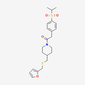 molecular formula C22H29NO4S2 B3018840 1-(4-(((Furan-2-ylmethyl)thio)methyl)piperidin-1-yl)-2-(4-(isopropylsulfonyl)phenyl)ethanone CAS No. 1396767-60-4