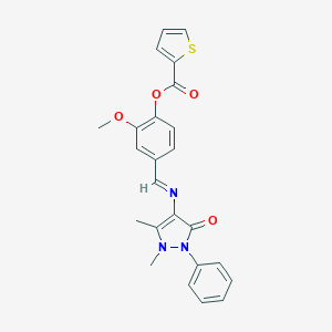 molecular formula C24H21N3O4S B301885 4-{[(1,5-dimethyl-3-oxo-2-phenyl-2,3-dihydro-1H-pyrazol-4-yl)imino]methyl}-2-methoxyphenyl 2-thiophenecarboxylate 