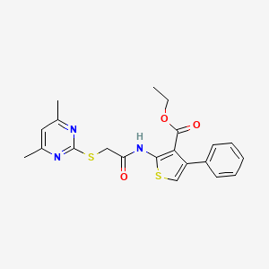 molecular formula C21H21N3O3S2 B3018854 Ethyl 2-({[(4,6-dimethyl-2-pyrimidinyl)thio]acetyl}amino)-4-phenyl-3-thiophenecarboxylate CAS No. 637322-31-7