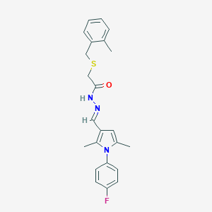molecular formula C23H24FN3OS B301892 N'-{[1-(4-fluorophenyl)-2,5-dimethyl-1H-pyrrol-3-yl]methylene}-2-[(2-methylbenzyl)sulfanyl]acetohydrazide 