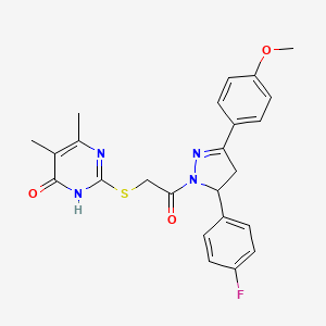 molecular formula C24H23FN4O3S B3018929 2-((2-(5-(4-fluorophenyl)-3-(4-methoxyphenyl)-4,5-dihydro-1H-pyrazol-1-yl)-2-oxoethyl)thio)-5,6-dimethylpyrimidin-4(3H)-one CAS No. 899991-15-2