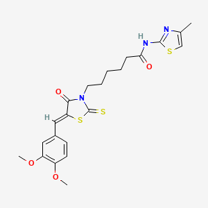 molecular formula C22H25N3O4S3 B3018948 6-[(5Z)-5-[(3,4-dimethoxyphenyl)methylidene]-4-oxo-2-sulfanylidene-1,3-thiazolidin-3-yl]-N-(4-methyl-1,3-thiazol-2-yl)hexanamide CAS No. 613225-59-5