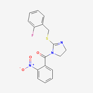 molecular formula C17H14FN3O3S B3018978 (2-((2-fluorobenzyl)thio)-4,5-dihydro-1H-imidazol-1-yl)(2-nitrophenyl)methanone CAS No. 851807-03-9