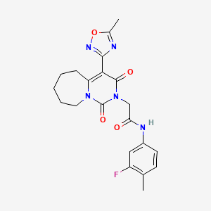 molecular formula C21H22FN5O4 B3019030 N-(3-fluoro-4-methylphenyl)-2-[4-(5-methyl-1,2,4-oxadiazol-3-yl)-1,3-dioxo-3,5,6,7,8,9-hexahydropyrimido[1,6-a]azepin-2(1H)-yl]acetamide CAS No. 1775354-41-0