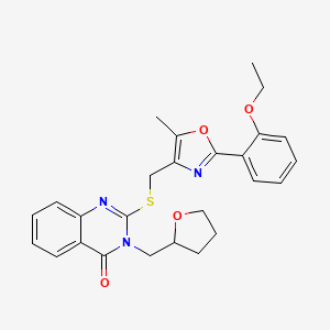 molecular formula C26H27N3O4S B3019039 2-(((2-(2-ethoxyphenyl)-5-methyloxazol-4-yl)methyl)thio)-3-((tetrahydrofuran-2-yl)methyl)quinazolin-4(3H)-one CAS No. 1040648-03-0