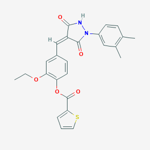 molecular formula C25H22N2O5S B301905 4-{(Z)-[1-(3,4-dimethylphenyl)-3,5-dioxopyrazolidin-4-ylidene]methyl}-2-ethoxyphenyl thiophene-2-carboxylate 