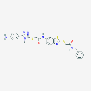 molecular formula C27H25N7O2S3 B301911 2-{[5-(4-aminophenyl)-4-methyl-4H-1,2,4-triazol-3-yl]sulfanyl}-N-(2-{[2-(benzylamino)-2-oxoethyl]sulfanyl}-1,3-benzothiazol-6-yl)acetamide 