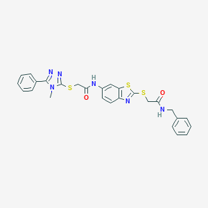 molecular formula C27H24N6O2S3 B301912 N-(2-{[2-(benzylamino)-2-oxoethyl]sulfanyl}-1,3-benzothiazol-6-yl)-2-[(4-methyl-5-phenyl-4H-1,2,4-triazol-3-yl)sulfanyl]acetamide 