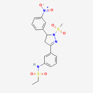 molecular formula C18H20N4O6S2 B3019121 N-(3-(1-(methylsulfonyl)-5-(3-nitrophenyl)-4,5-dihydro-1H-pyrazol-3-yl)phenyl)ethanesulfonamide CAS No. 851782-94-0