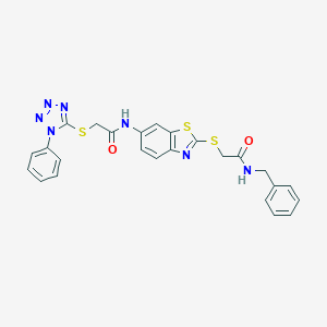 molecular formula C25H21N7O2S3 B301913 N-[2-[2-(benzylamino)-2-oxoethyl]sulfanyl-1,3-benzothiazol-6-yl]-2-(1-phenyltetrazol-5-yl)sulfanylacetamide 