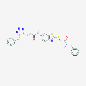 molecular formula C26H23N7O2S3 B301914 N-(2-{[2-(benzylamino)-2-oxoethyl]sulfanyl}-1,3-benzothiazol-6-yl)-2-[(1-benzyl-1H-tetrazol-5-yl)sulfanyl]acetamide 