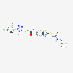 molecular formula C27H22Cl2N6O2S3 B301915 N-(2-{[2-(benzylamino)-2-oxoethyl]sulfanyl}-1,3-benzothiazol-6-yl)-2-{[5-(2,4-dichlorophenyl)-4-methyl-4H-1,2,4-triazol-3-yl]sulfanyl}acetamide 