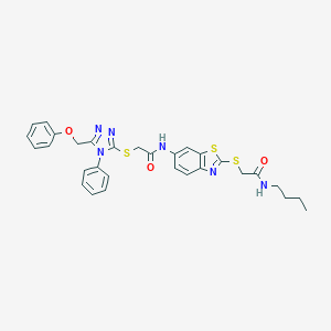molecular formula C30H30N6O3S3 B301916 N-(2-{[2-(butylamino)-2-oxoethyl]sulfanyl}-1,3-benzothiazol-6-yl)-2-{[5-(phenoxymethyl)-4-phenyl-4H-1,2,4-triazol-3-yl]sulfanyl}acetamide 