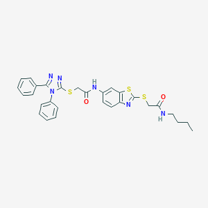 molecular formula C29H28N6O2S3 B301917 N-(2-{[2-(butylamino)-2-oxoethyl]sulfanyl}-1,3-benzothiazol-6-yl)-2-[(4,5-diphenyl-4H-1,2,4-triazol-3-yl)sulfanyl]acetamide 