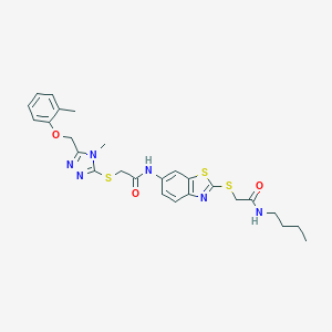 molecular formula C26H30N6O3S3 B301918 N-(2-{[2-(butylamino)-2-oxoethyl]sulfanyl}-1,3-benzothiazol-6-yl)-2-({4-methyl-5-[(2-methylphenoxy)methyl]-4H-1,2,4-triazol-3-yl}sulfanyl)acetamide 