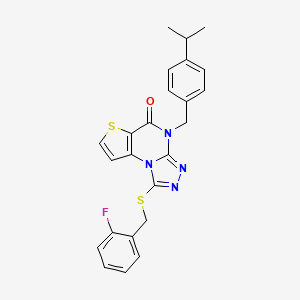 molecular formula C24H21FN4OS2 B3019192 1-((2-fluorobenzyl)thio)-4-(4-isopropylbenzyl)thieno[2,3-e][1,2,4]triazolo[4,3-a]pyrimidin-5(4H)-one CAS No. 1223986-06-8