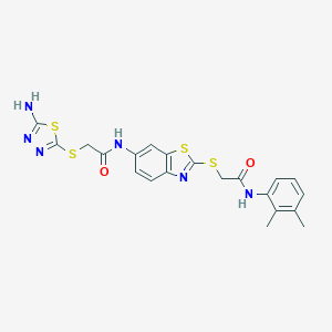 molecular formula C21H20N6O2S4 B301921 2-[(5-amino-1,3,4-thiadiazol-2-yl)sulfanyl]-N-(2-{[2-(2,3-dimethylanilino)-2-oxoethyl]sulfanyl}-1,3-benzothiazol-6-yl)acetamide 