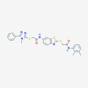 molecular formula C28H26N6O2S3 B301923 N-(2-{[2-(2,3-dimethylanilino)-2-oxoethyl]sulfanyl}-1,3-benzothiazol-6-yl)-2-[(4-methyl-5-phenyl-4H-1,2,4-triazol-3-yl)sulfanyl]acetamide 